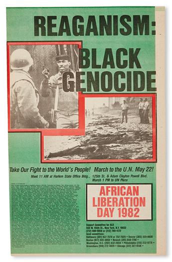 (AFRICA--SOUTH AFRICA.) APARTHEID & ITS AMERICAN COUNTERPART. Reaganism: Black Genocide (two-sided) * APARTHEID * CONCERT FOR A FREE SO